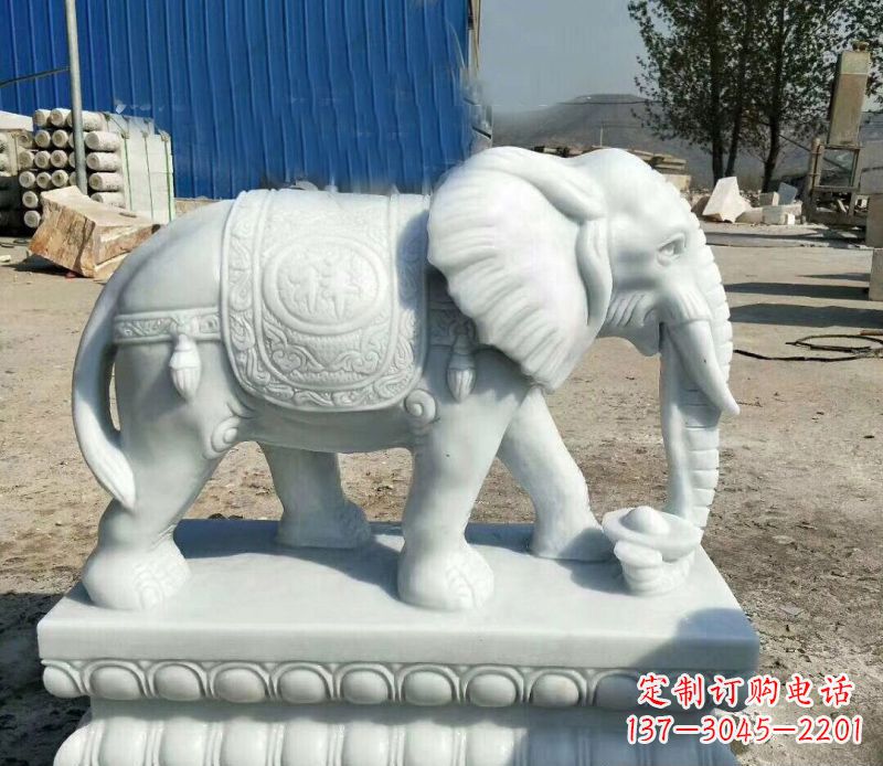 菏泽鼻卷元宝的大象汉白玉吉祥如意石雕
