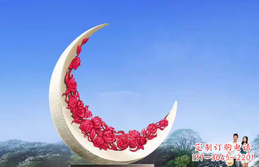 菏泽不锈钢广场月亮雕塑月光下的璀璨美景