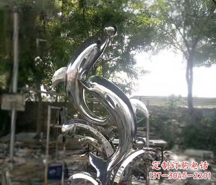 菏泽不锈钢海豚顶球雕塑