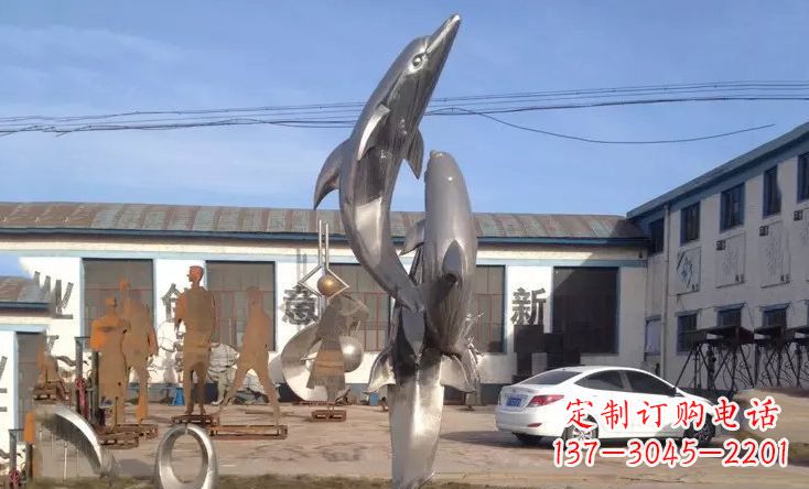菏泽不锈钢海豚嬉戏雕塑 (2)