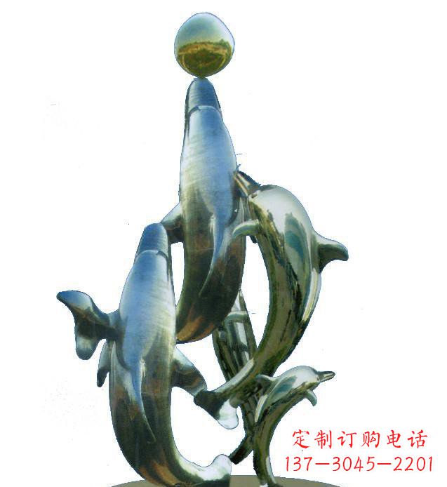 菏泽不锈钢海豚戏球校园雕塑 (2)