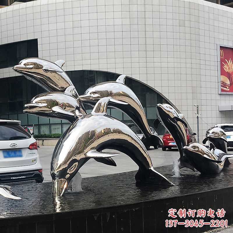 菏泽城市商场不锈钢镜面海豚水景景观雕塑摆件