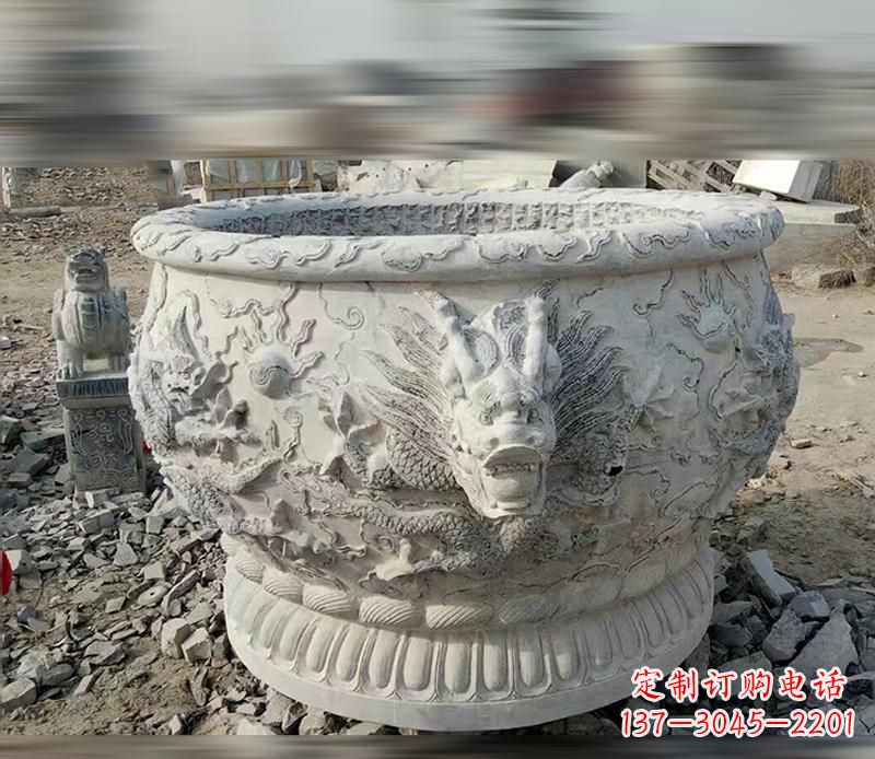 菏泽大理石龙浮雕水缸