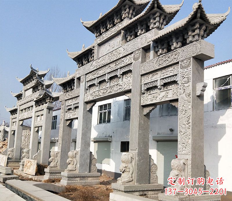 菏泽大型五门仿古牌坊石雕 (2)