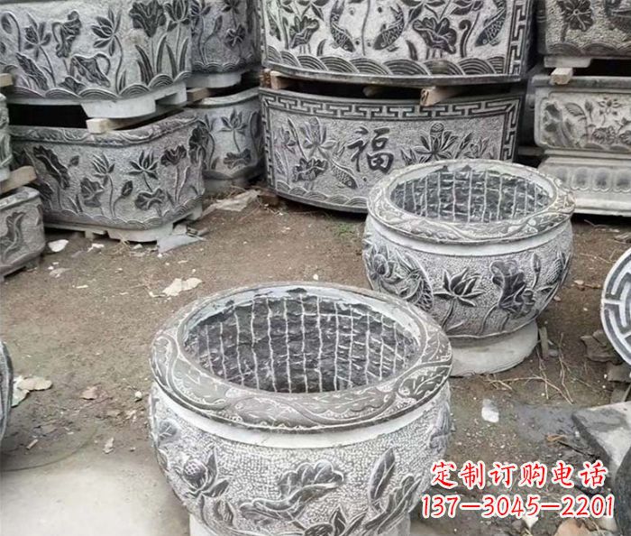 菏泽仿古荷花石浮雕水缸塑像
