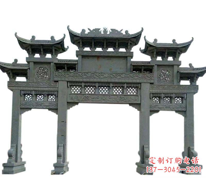 菏泽仿古三门大理石牌坊石雕