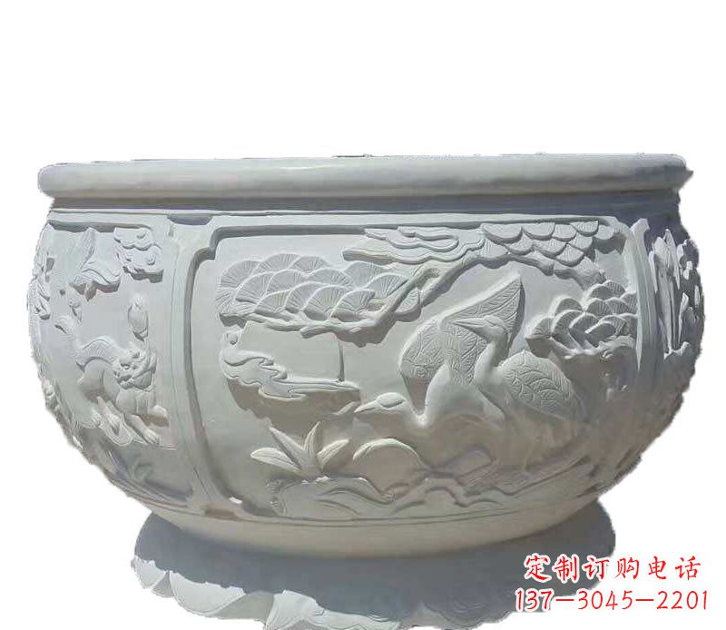菏泽仿古鱼缸石雕花盆摆件