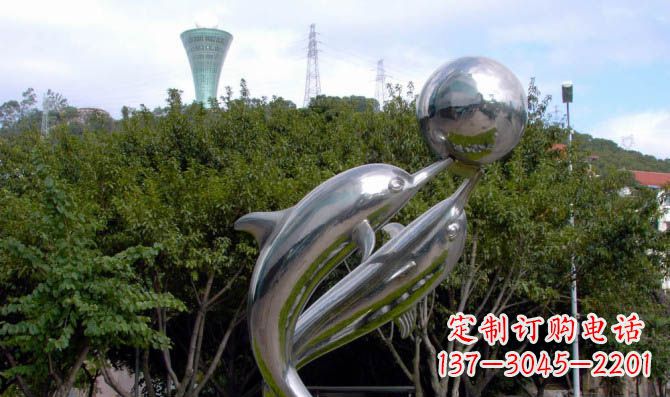 菏泽高贵静谧的不锈钢海豚顶球雕塑