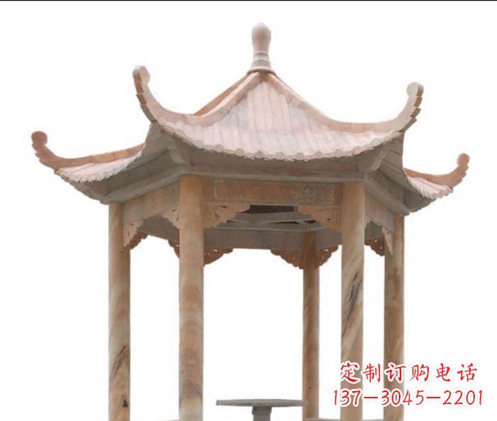 菏泽美丽而优雅的公园晚霞红六角石凉亭雕塑