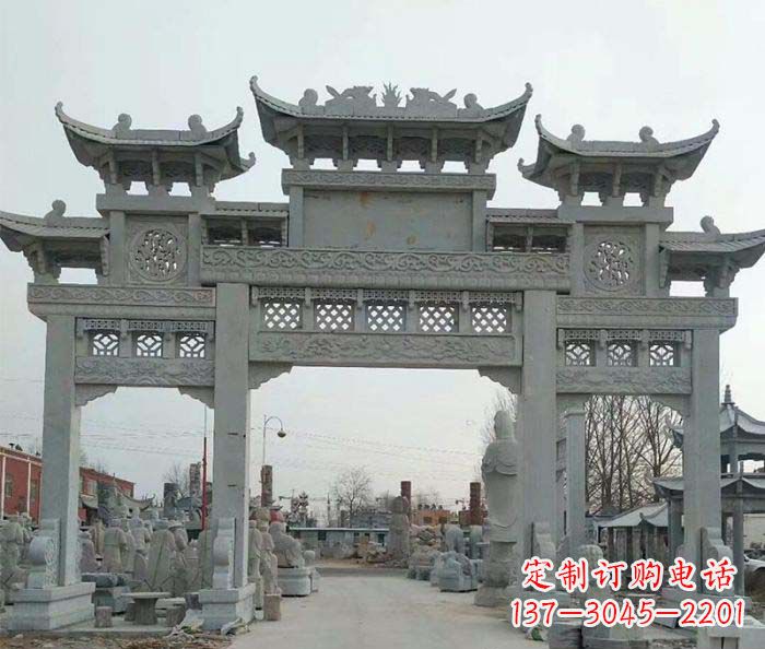 菏泽三门牌坊石雕,精美汉风石雕装饰景区
