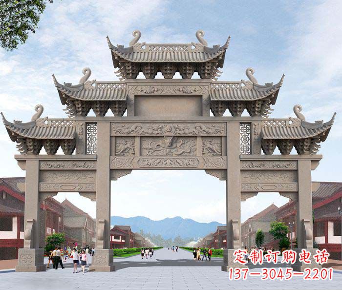 菏泽景区三门石雕牌楼——精美雕塑定制