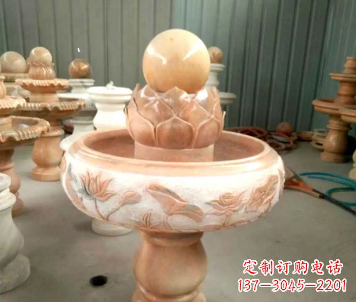 菏泽石来运转晚霞红风水球喷泉石雕