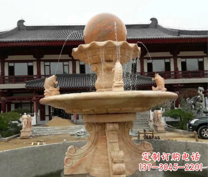 菏泽双层风水球喷泉晚霞红石雕