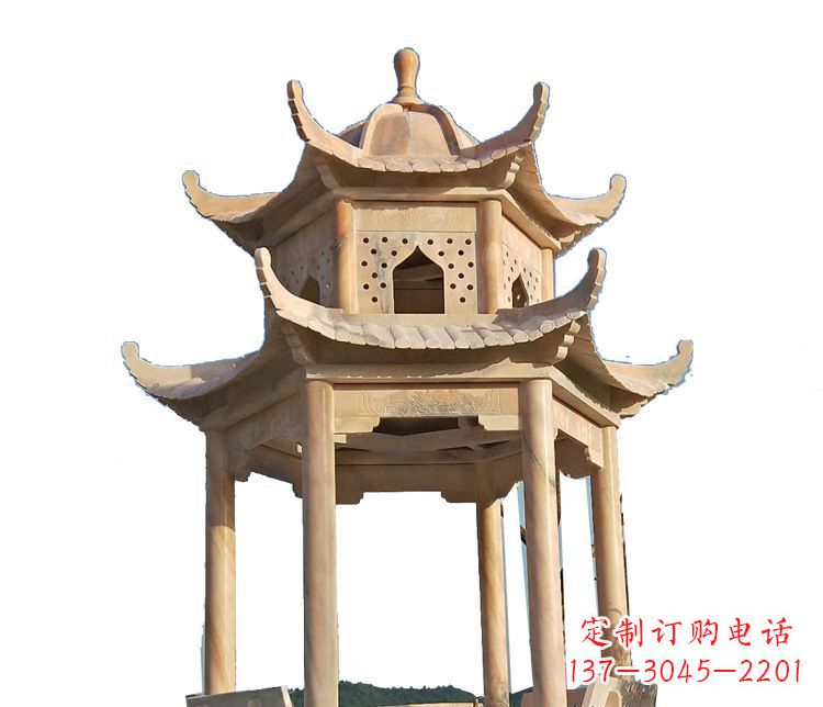菏泽双层晚霞红凉亭石雕 (2)