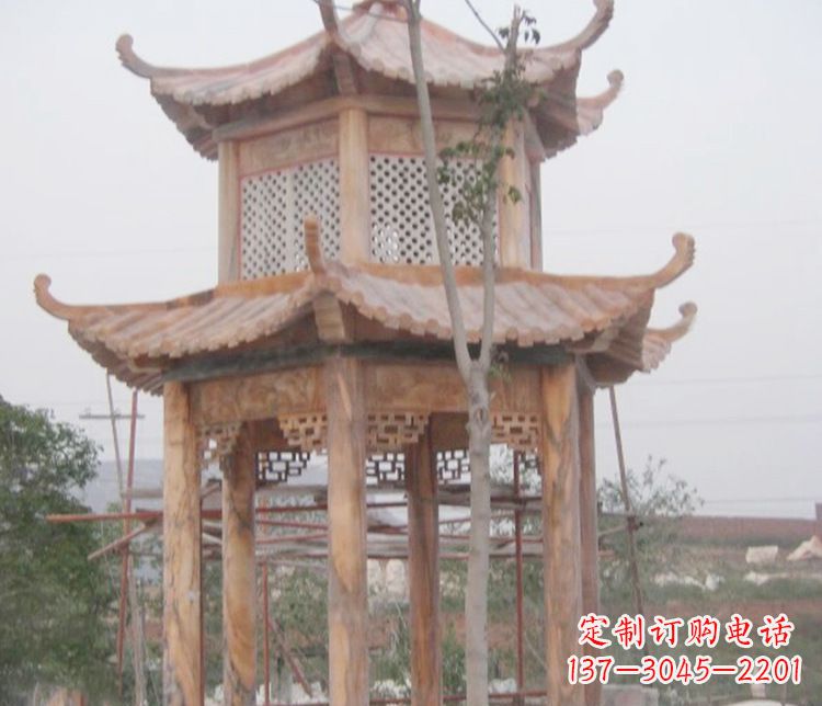 菏泽双层晚霞红石凉亭石雕 (2)