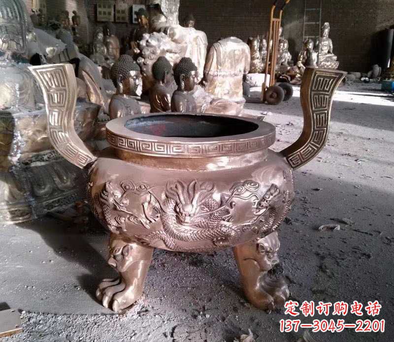菏泽寺庙龙浮雕圆铜雕香炉