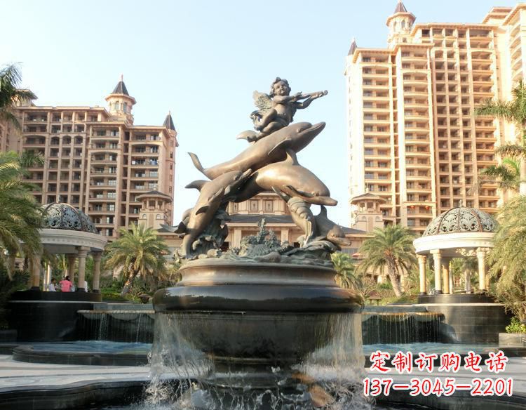 菏泽跳跃的海豚和小天使喷泉铜雕 