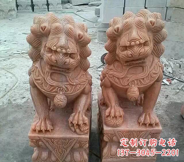 菏泽晚霞红传统狮子石雕
