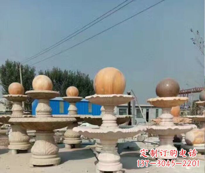 菏泽晚霞红多层风水球喷泉石雕