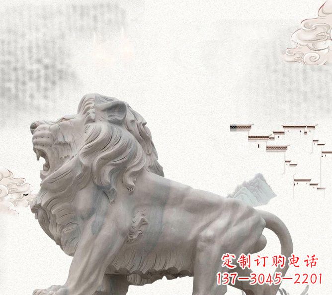 菏泽晚霞红公园动物仿真狮子石雕