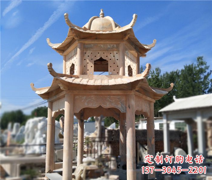 菏泽晚霞红公园双层六角凉亭石雕