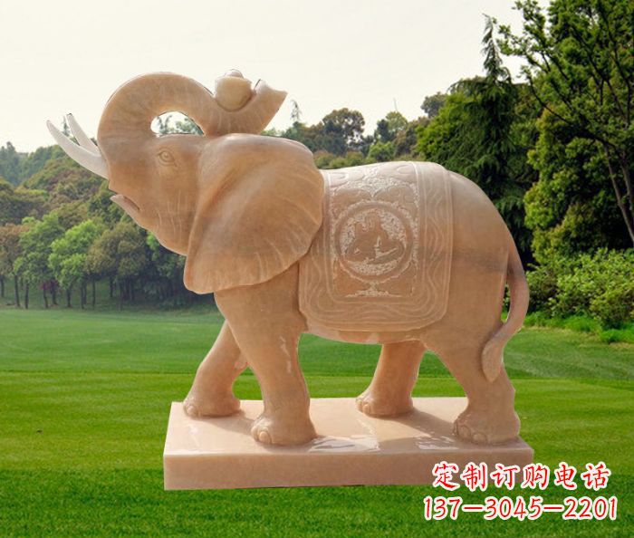菏泽晚霞红吉祥如意鼻卷元宝的大象石雕