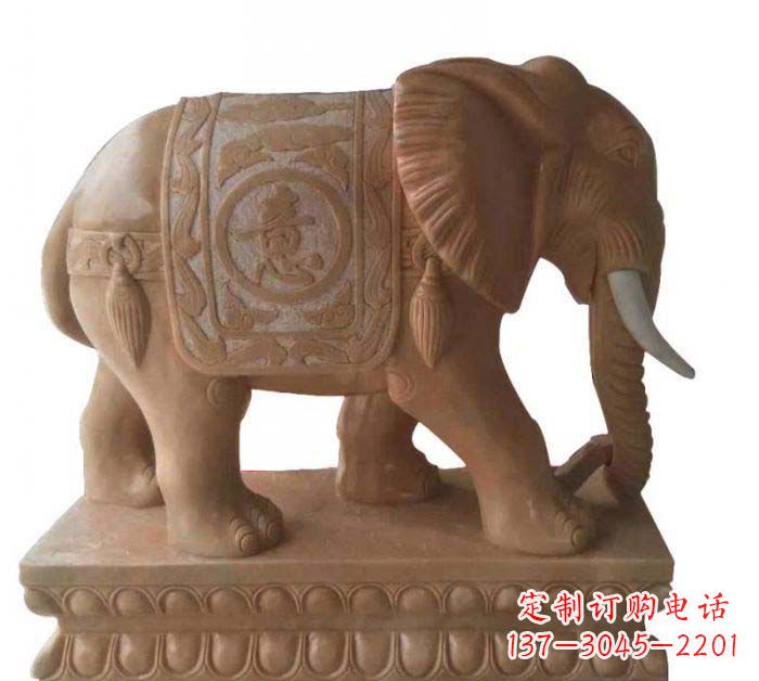 菏泽晚霞红吉祥如意大象石雕 (2)