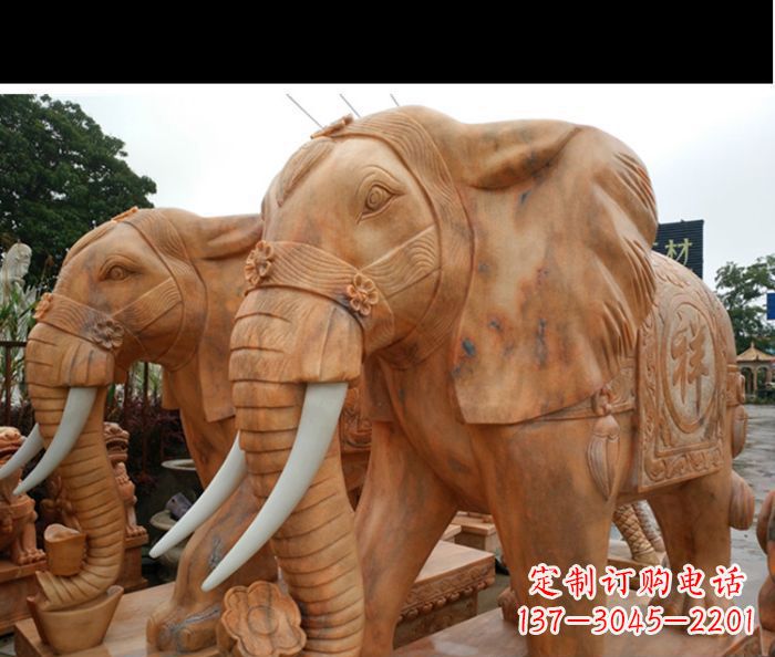菏泽晚霞红吉祥如意门口镇宅招财大象石雕 (3)