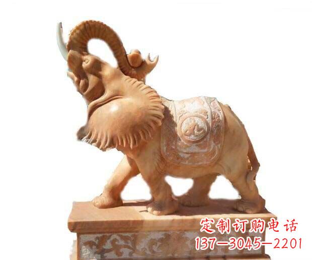 菏泽晚霞红吉祥如意象鼻朝天的大象石雕