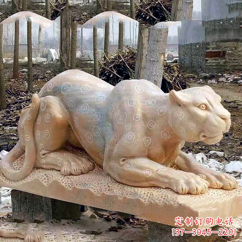 菏泽晚霞红金钱豹石雕-公园园林草坪动物雕塑