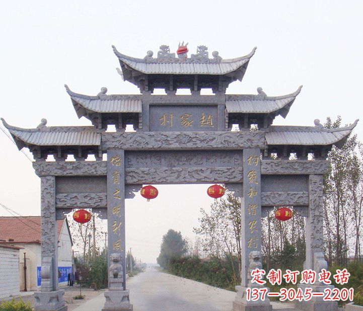 菏泽晚霞红石雕牌坊