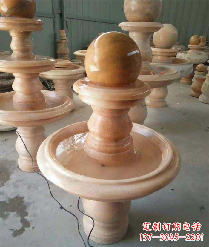 菏泽晚霞红双层风水球别墅喷泉石雕