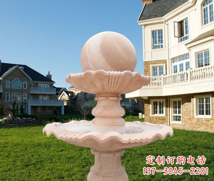 菏泽晚霞红双层风水球公园喷泉石雕