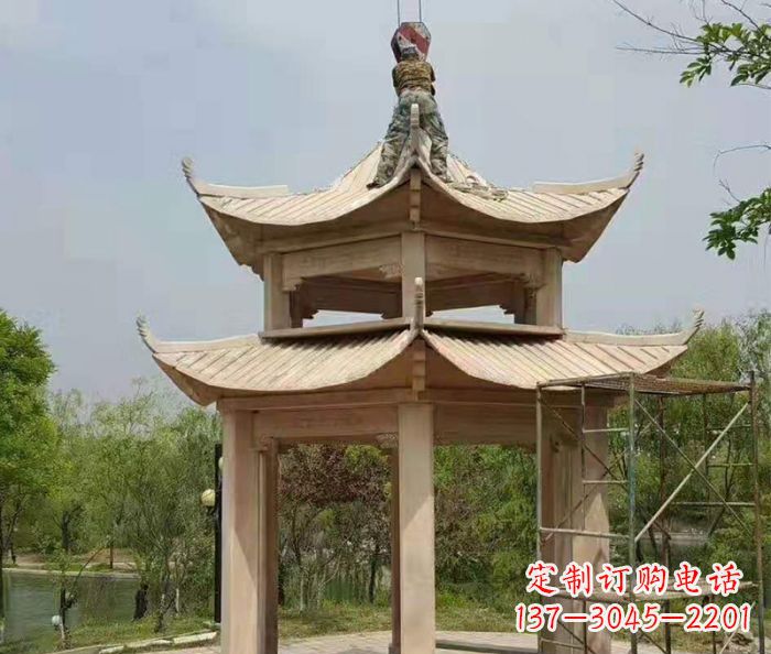 菏泽晚霞红双层凉亭石雕 (2)