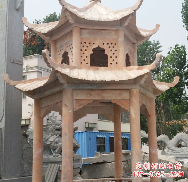 菏泽晚霞红双层六角凉亭石雕 (2)