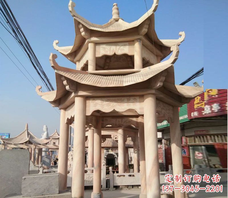 菏泽晚霞红双层六角凉亭石雕 (3)