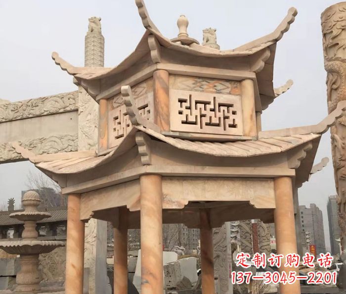 菏泽晚霞红双层石雕凉亭