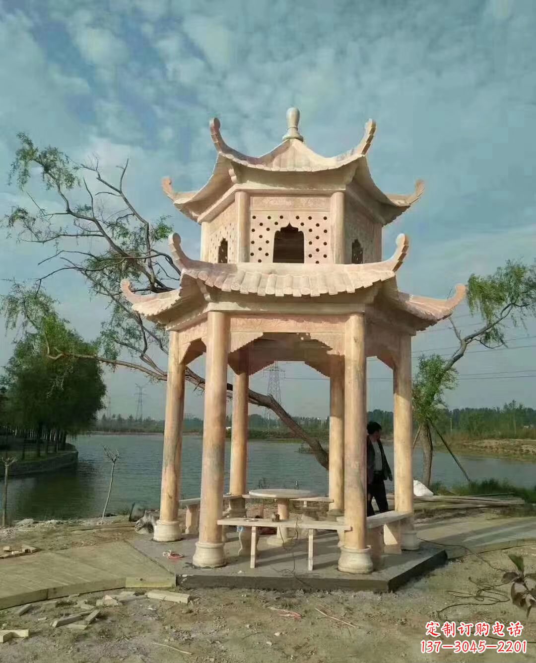 菏泽晚霞红双层石凉亭 (2)