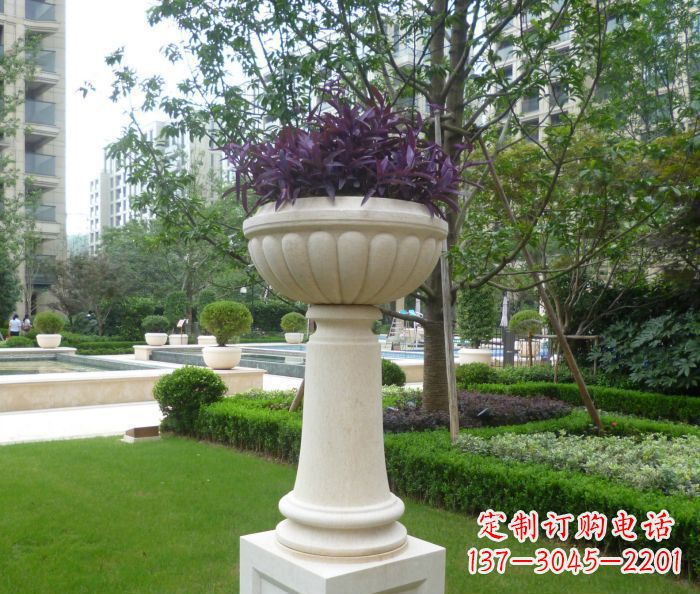 菏泽小区景观汉白玉花盆石雕 (2)