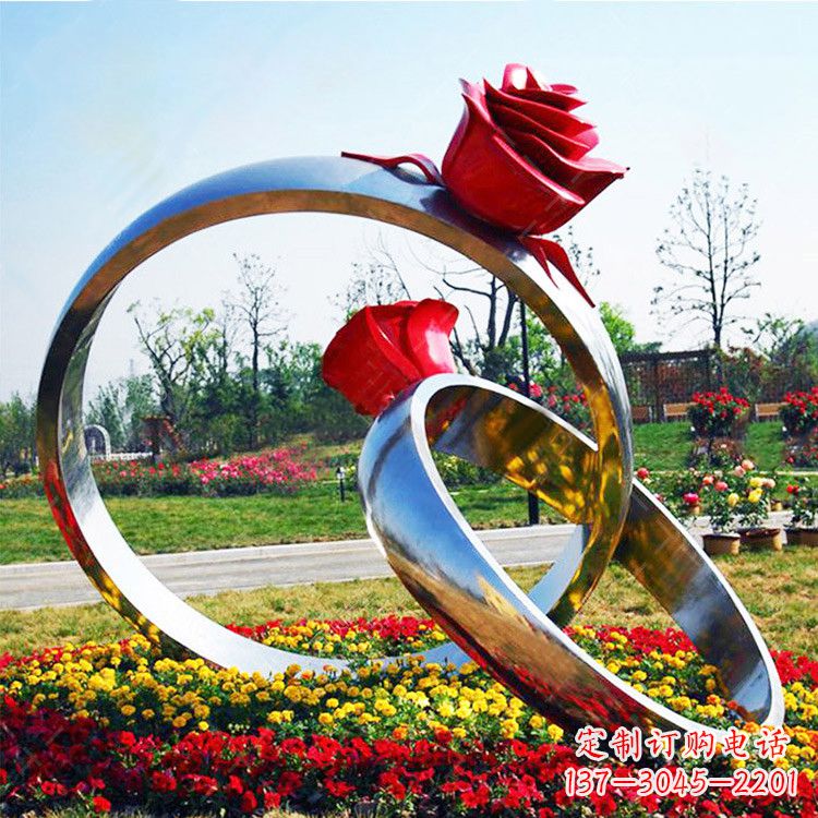 菏泽园林花丛不锈钢玫瑰花戒指雕塑