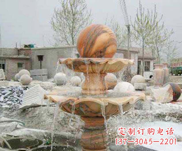 菏泽园林景观晚霞红风水球喷泉石雕