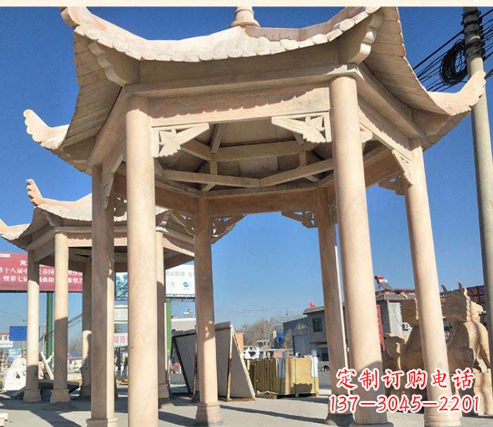 菏泽园林景观晚霞红六角石雕凉亭 (2)