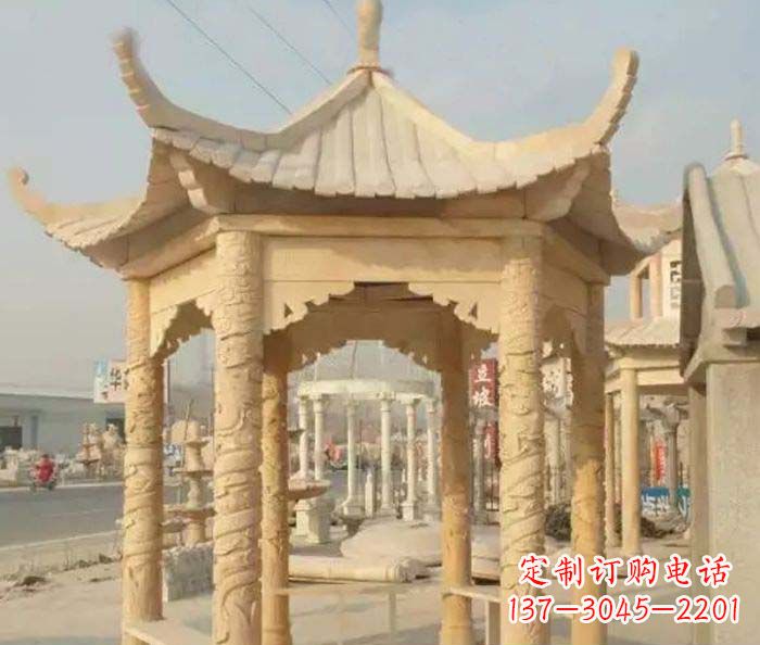 菏泽园林景观晚霞红六角石雕凉亭 (3)
