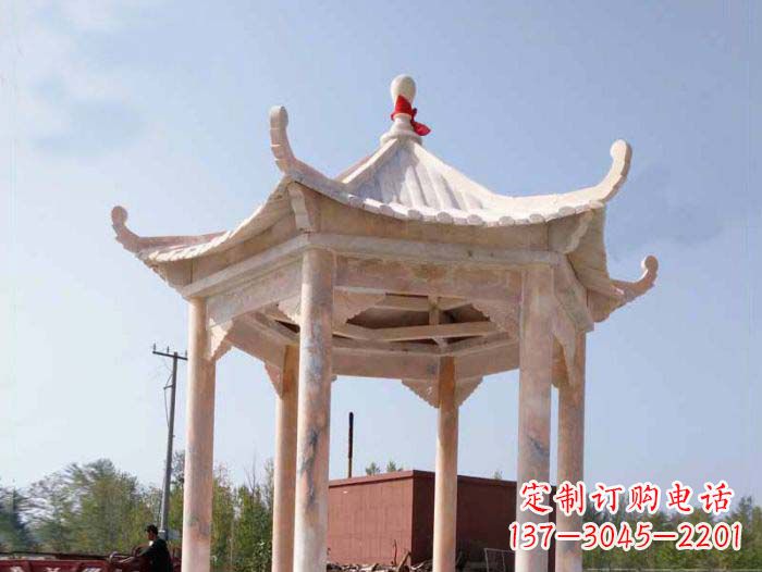 菏泽园林景观晚霞红六角石雕凉亭