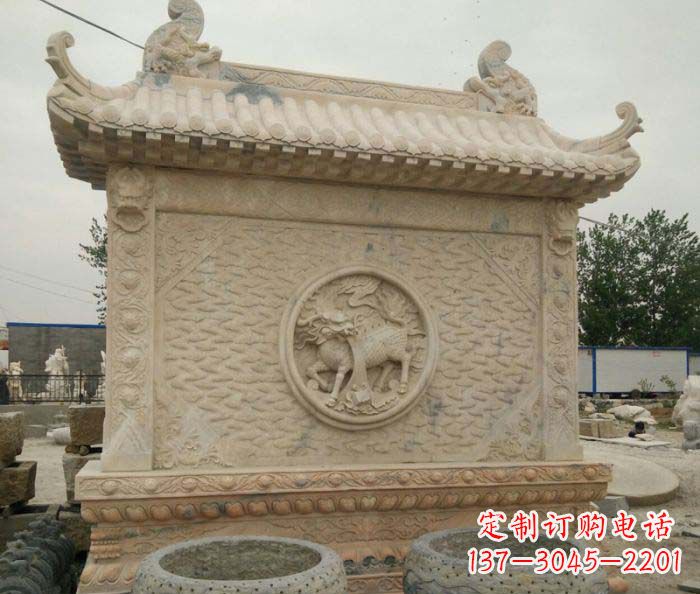 菏泽园林景观晚霞红石雕影壁