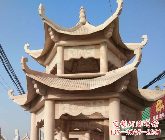 菏泽园林景观晚霞红双层石雕凉亭 (2)