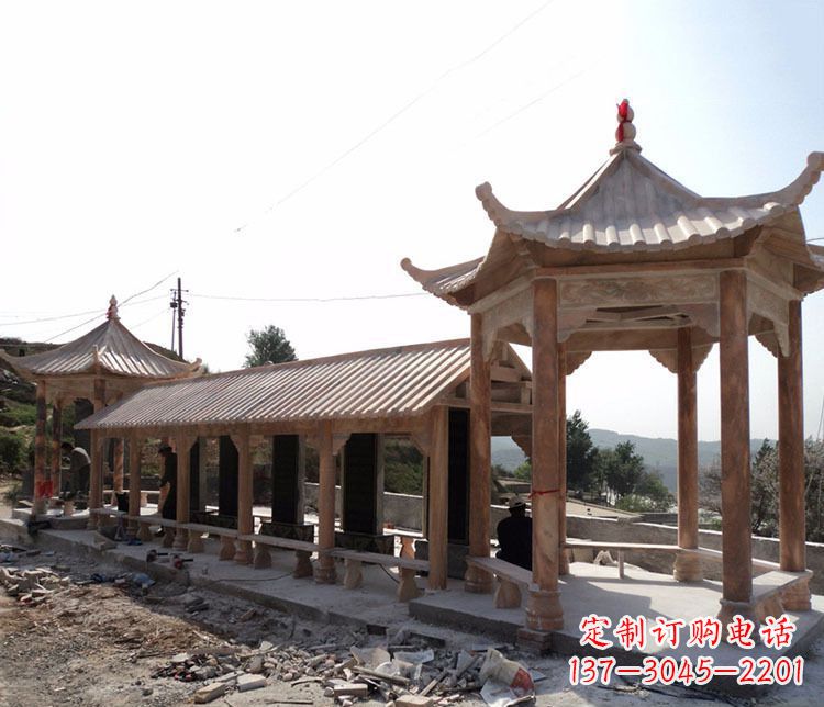菏泽园林晚霞红长廊凉亭景观石雕