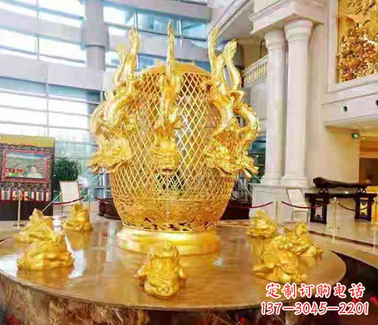 菏泽张衡地动仪企业景观雕塑摆件纯铜鎏金古仪器