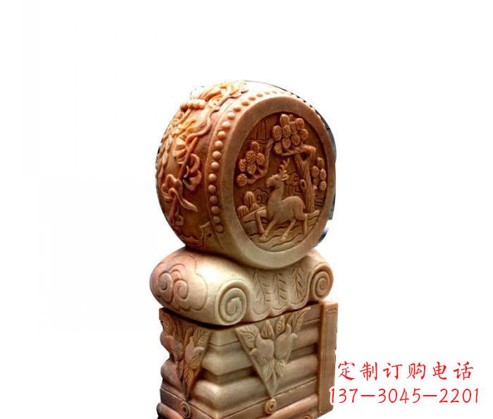菏泽招财石门墩晚霞红抱鼓石